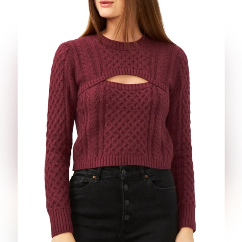 1.STATE Keyhole Cable Knit Sweater Wine M